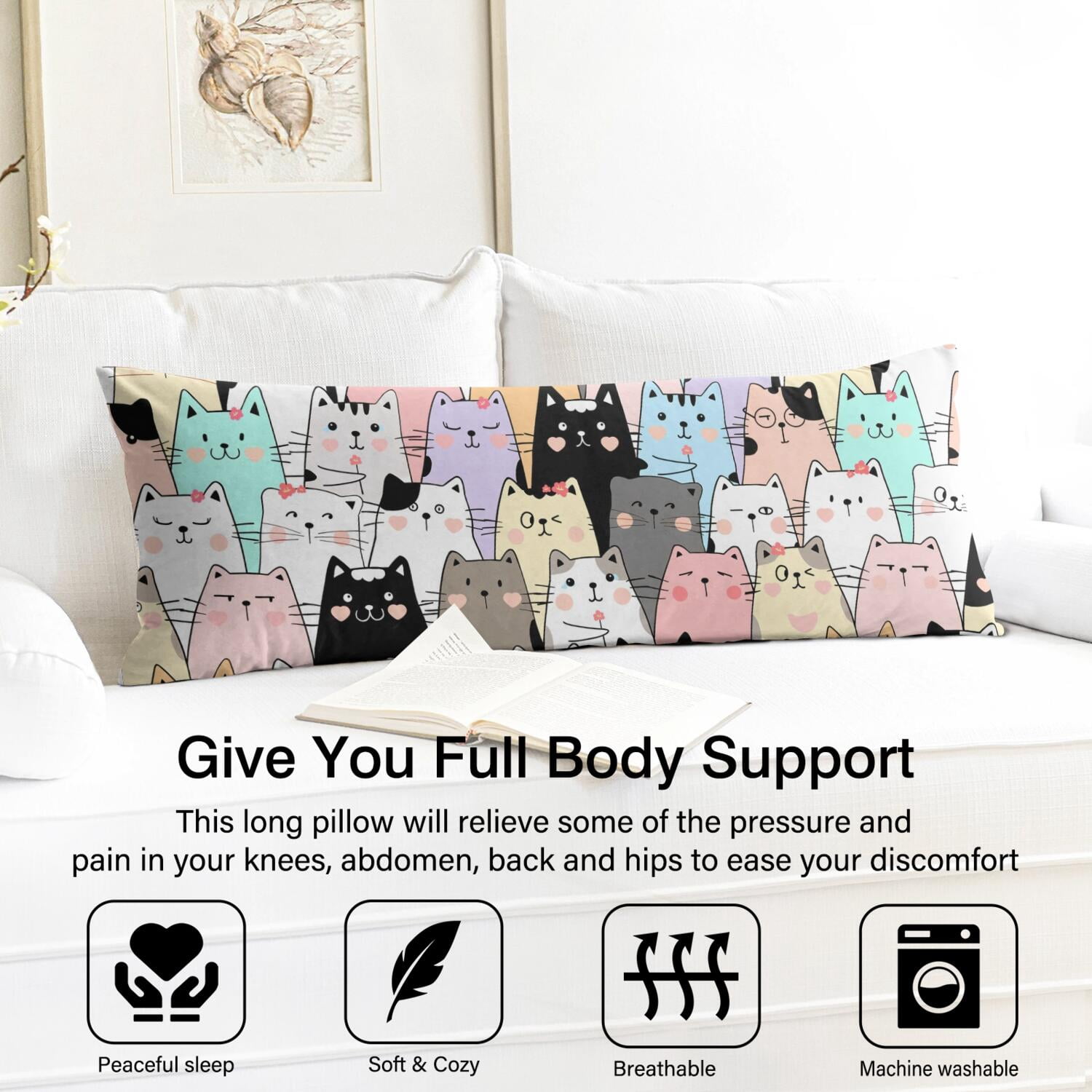 Long Body Pillow Cover – Soft & Breathable, Hidden Zipper, 20"x54", Cute Cat & Paw Print – Perfect Gift for Cat Lovers, Side Sleepers, Pregnancy Support, Pet-Themed Decor