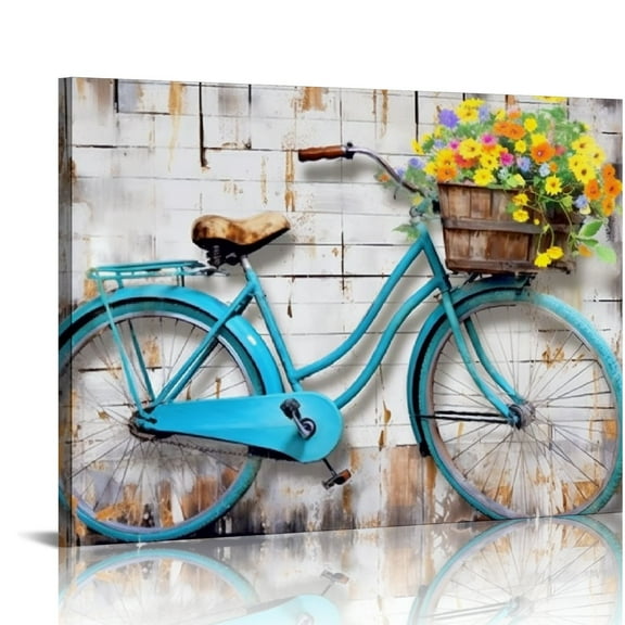 COMIO Blue Bicycle Flower With Wood Grain Wall Art Picture Canvas Posters Print Modern Abstract Bike Framed For Living Room Bedroom Wall Painting Home Decor,