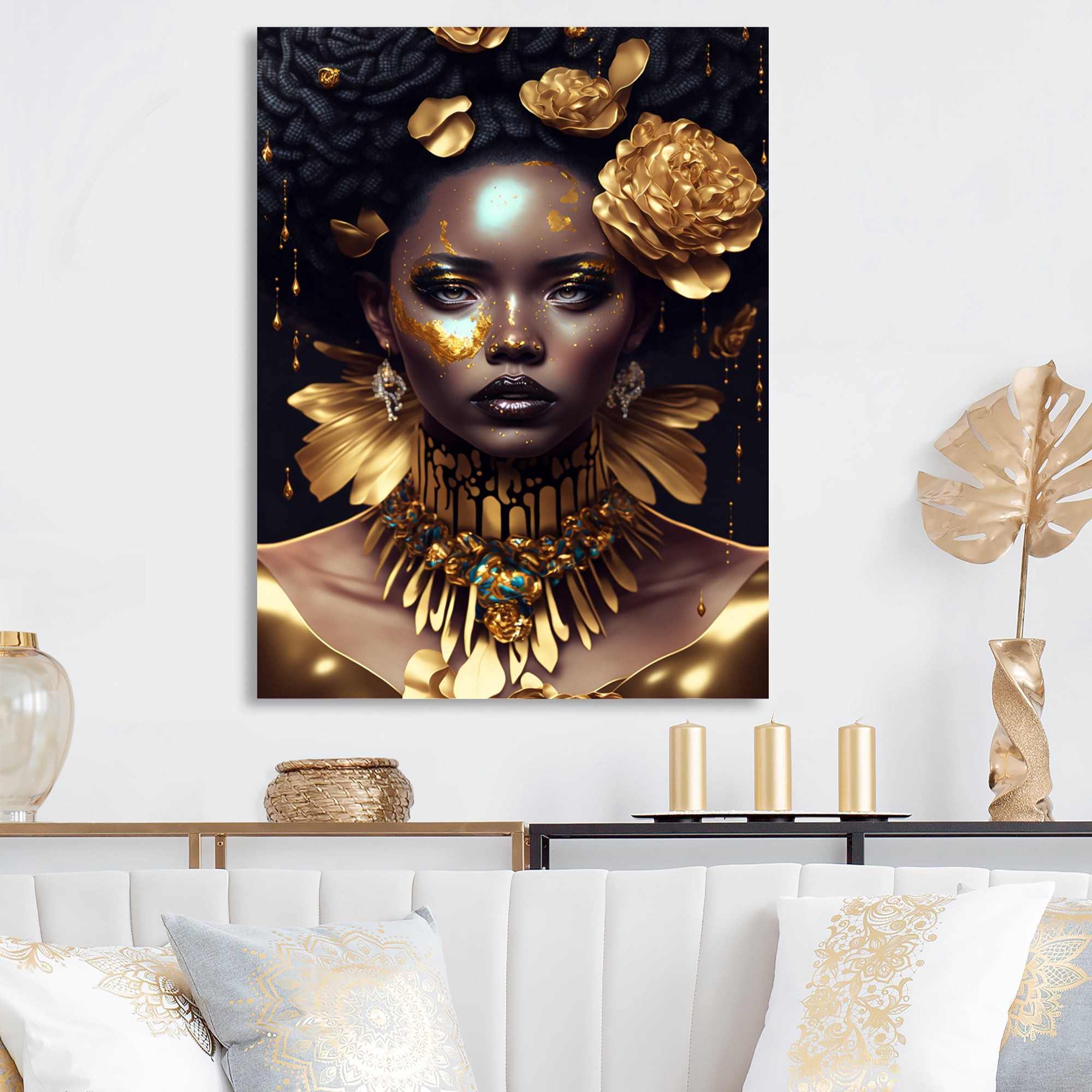 Designart Gold And Black Floral Woman VI Canvas Wall Art