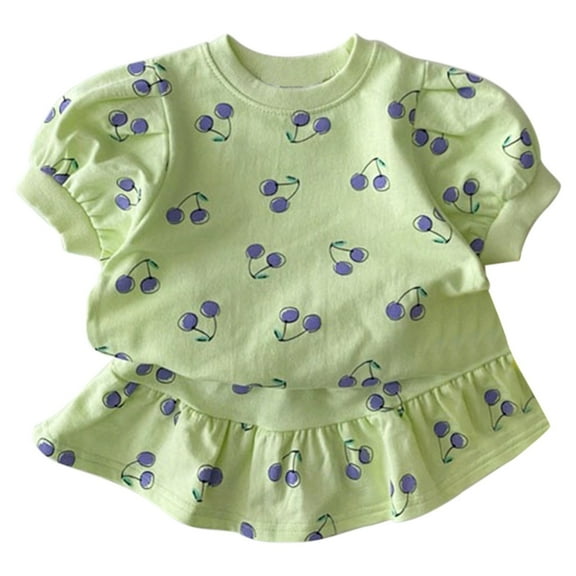 LWNYDPLSD 2 Piece Cute Sweet Set for Kids Skirts Outfits Toddler Girl Cherry Print Puff Sleeves Tee Tops Ruffle Summer Skort Skirt Comfy Fashion Spring Sets Baby Girl Clothes 6M-6T