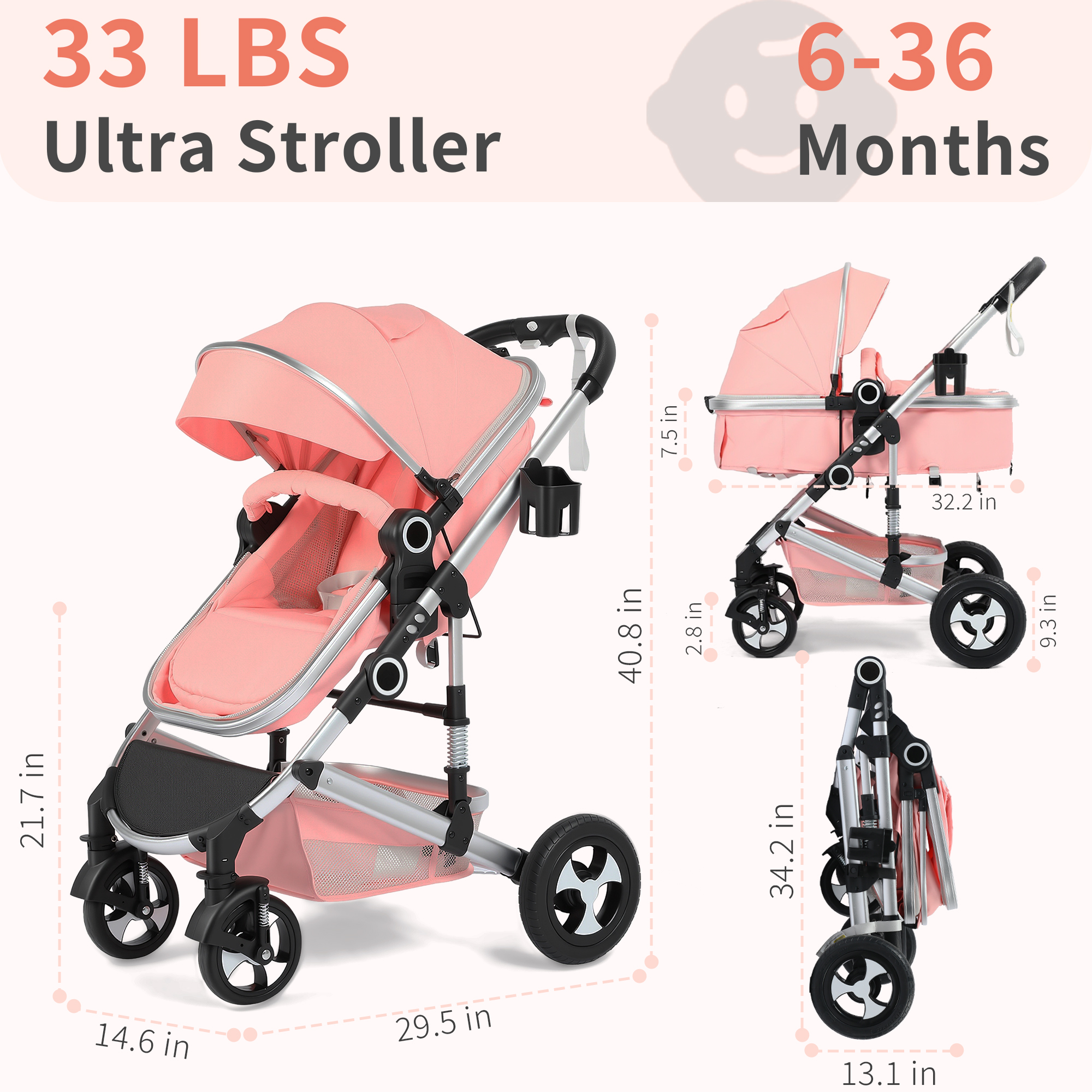 AILEEKISS 3-in-1 Convertible Baby Stroller, Pink photo 2