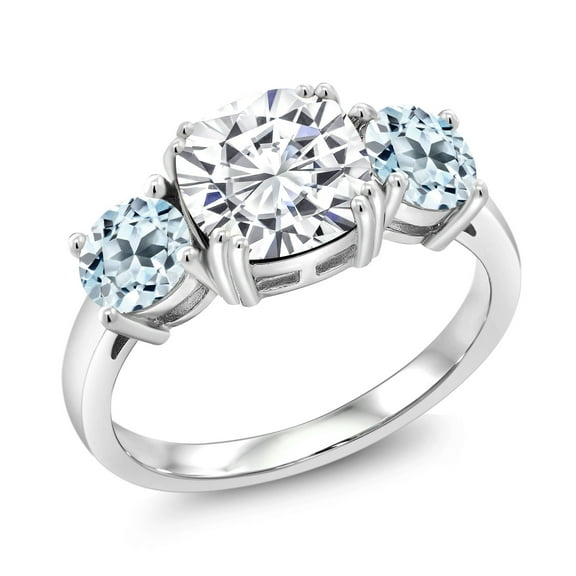 Gem Stone King 925 Sterling Silver White Moissanite and Sky Blue Topaz 3 Stone Engagement Ring for Women (3.80 Cttw, Gemstone, Cushion 8MM, Size 5)