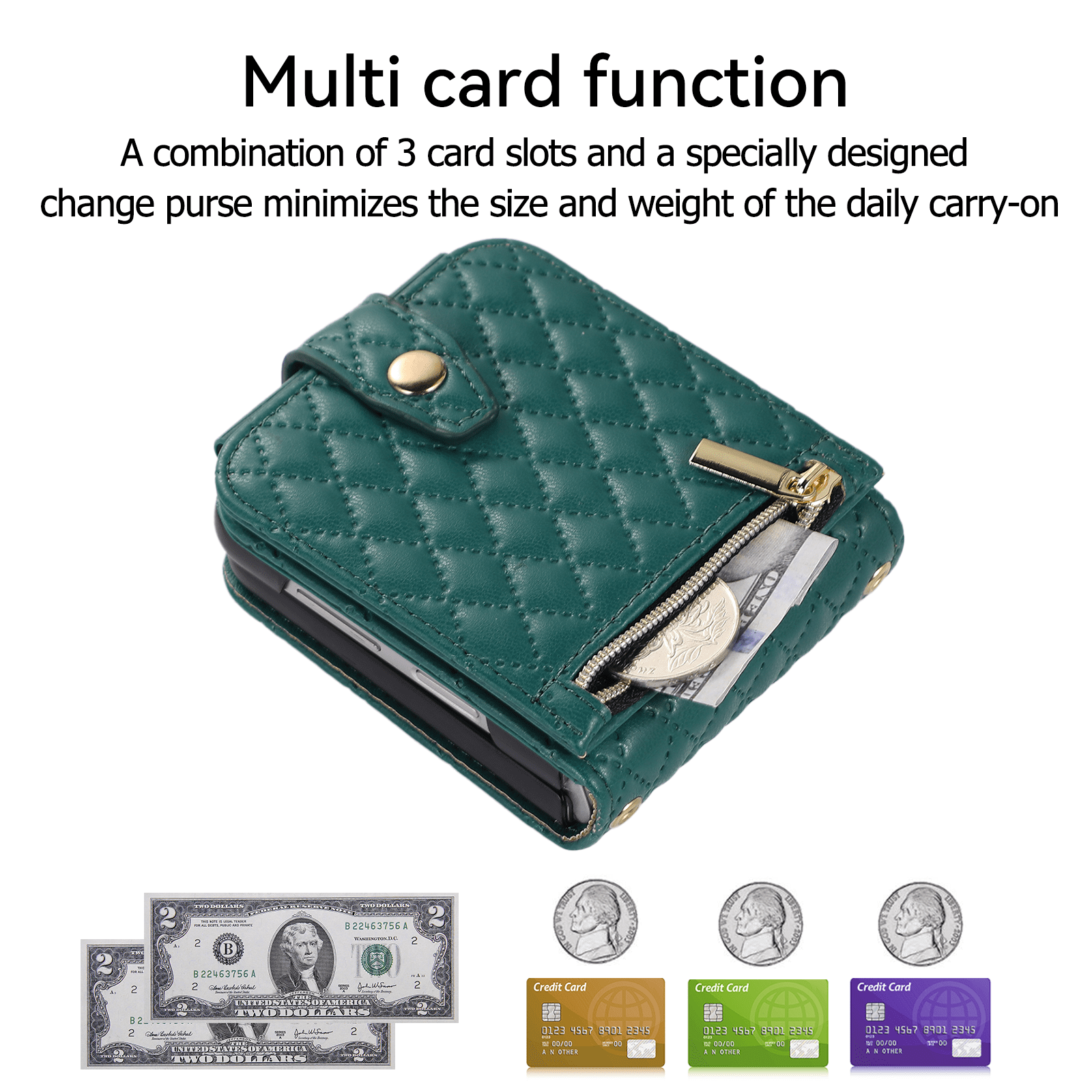 TECH CIRCLE Cover for Samsung Galaxy Z Flip5 Case with Shoulder Strap+Wristlet, Elegant Phone Handbag Design Multiple Card Slots Pocket Wallet Case for Galaxy Z Flip 5 Full Protective Shell-Dark Green