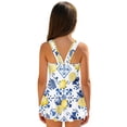 thumbnail image 2 of COEQINE Girls One Piece Bathing Suit, Scoop U-Neck & V Back Playful Swimsuit with Attached Skirt, Beach Swim Dress for Kids Age 5-6, Machine Washable, Vintage Lemon Floral Blue, 2 of 8