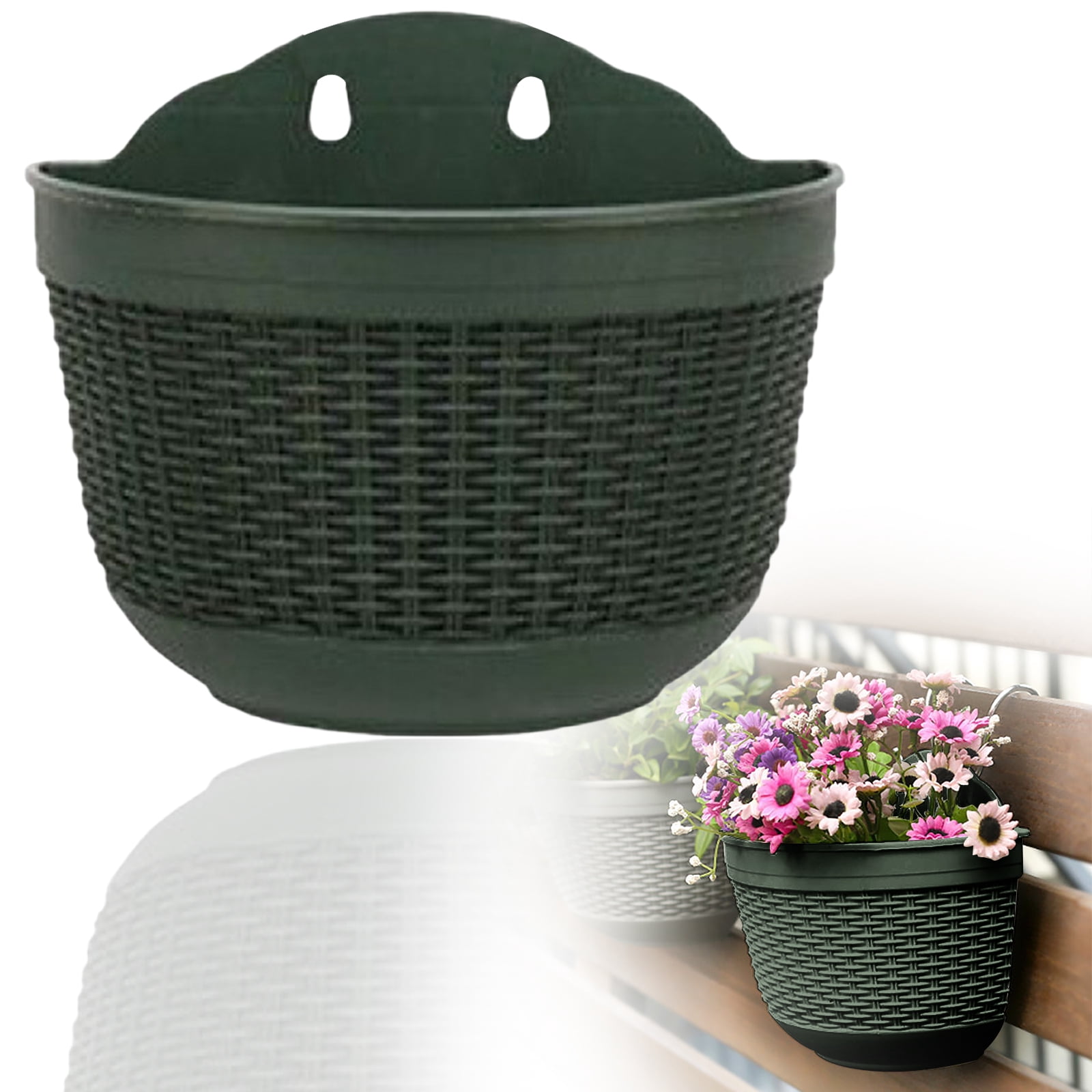Kjfeif Wall Hanging Planter, Hanging Planter Pot Half Round, Imitation Rattan Wall-Mounted Semicircular Flower Pot, for Indoor Outdoor Balcony Fence