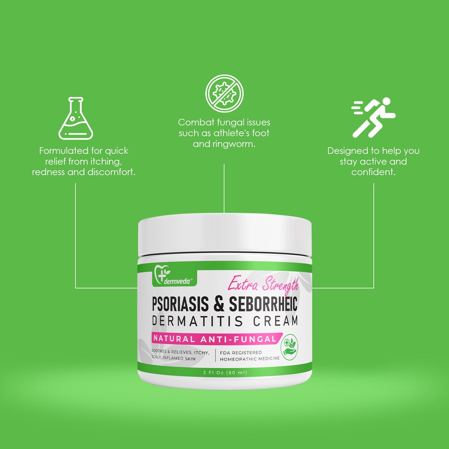 Dermveda Psoriasis & Seborrheic Dermatitis Cream, Natural Anti-Fungal Ointment, Fragrance-Free, 2 fl oz
