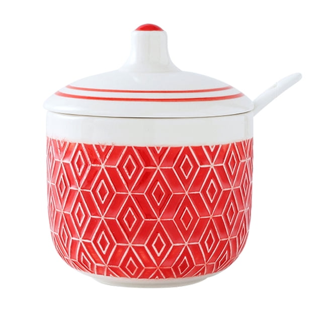 Nordic Sugar Bowl With Lid, Colorful Embossed Lattice Storage Jar, Solid Color Porcelain Sugar Pot, Salt Pot, For Coffee Bar, Restaurant-Red grid-9x8x11.5cm