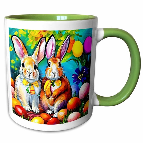 3drose, Two Adorable Easter Bunnies, Colorful Eggs, Bow Ties, Cheerful Gift, 11oz Two-tone Green Mug