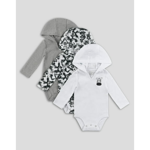 Hanes Hoodie Bodysuits 3-Pack Flexy Baby Knit Long Sleeve 4-Way Boys Girls Light
