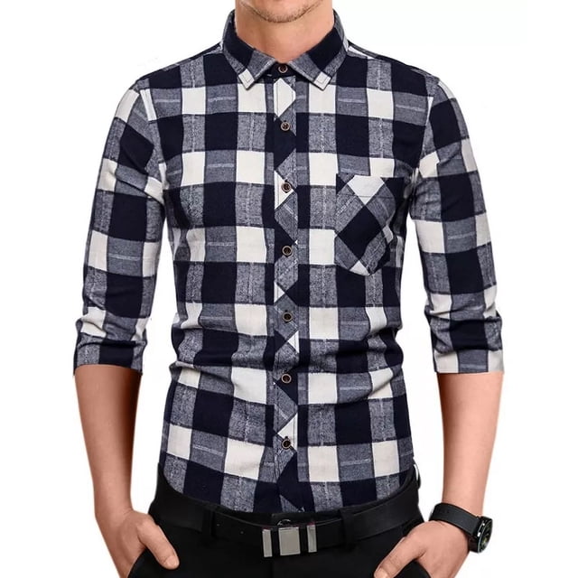Camisa Manga Larga Cuadros Para Hombre Moda Slim Fit