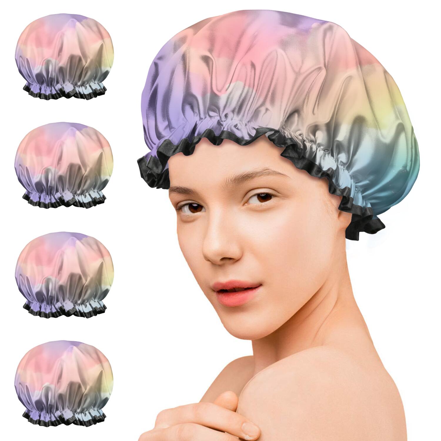 Shower Caps,Pastel Rainbow Clouds Waterproof Shower Cap for Women 4 Pieces,Double Reusable Hair Cover for Shower PEVA Elastic Stretch Hem