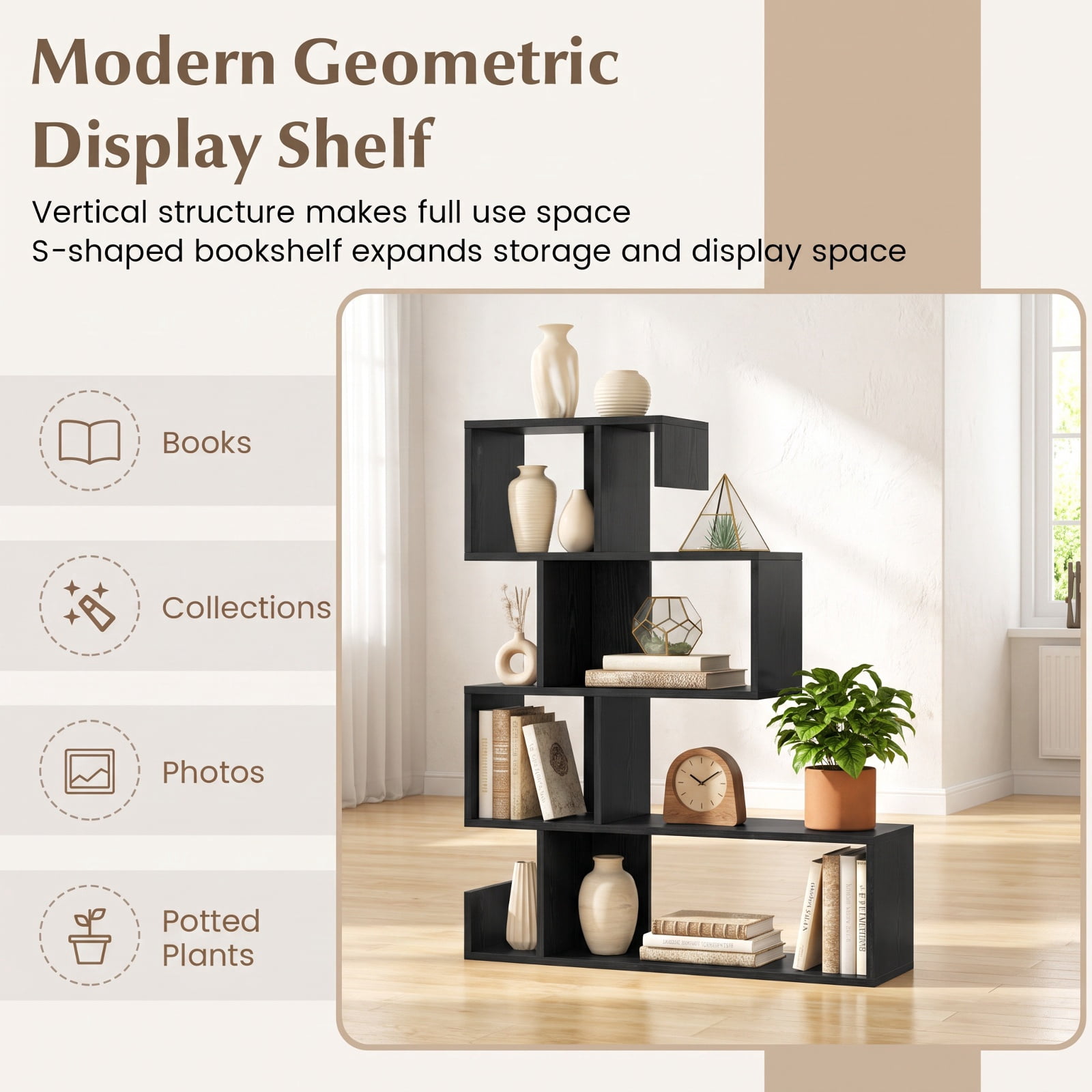 Furnibear 5-Tier S-Shaped Bookshelf Geometric Z-Shelf Bookcase with Open Cubes for Living Room Home Office Bedroom Display Storage Shelf, Black