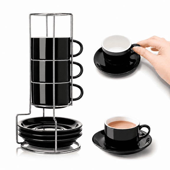 3 oz Espresso Cups Set of 4, Stackable Ceramic Demitasse Cups with Saucers and Metal Rack, Black Coffee Cups for Espresso, Cortado, Macchiato and Coffee Lovers