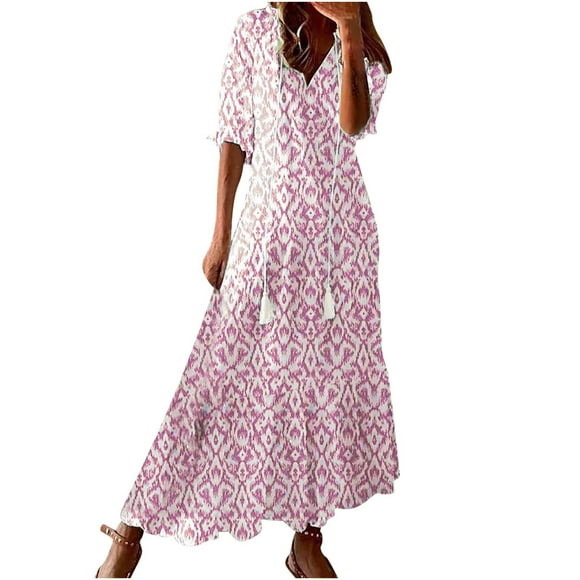 bbymog Women Dresses Boho Dresses for Women Summer V Neck Short Sleeve Maxi Dresses with Drawstring Casual Floral Dress for Women Pink M