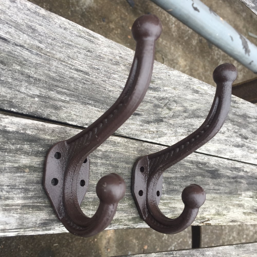 SET 4 RUSTY BROWN DOUBLE COAT HALL SEAT HOOKS ANTIQUE-STYLE RUSTIC CAST IRON hat 