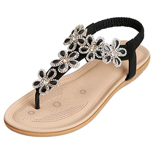 Amiley Women Sandals,Women Bohemia Girls Sweet Rhinestone Flat Sandals Outdoor Dress Shoes