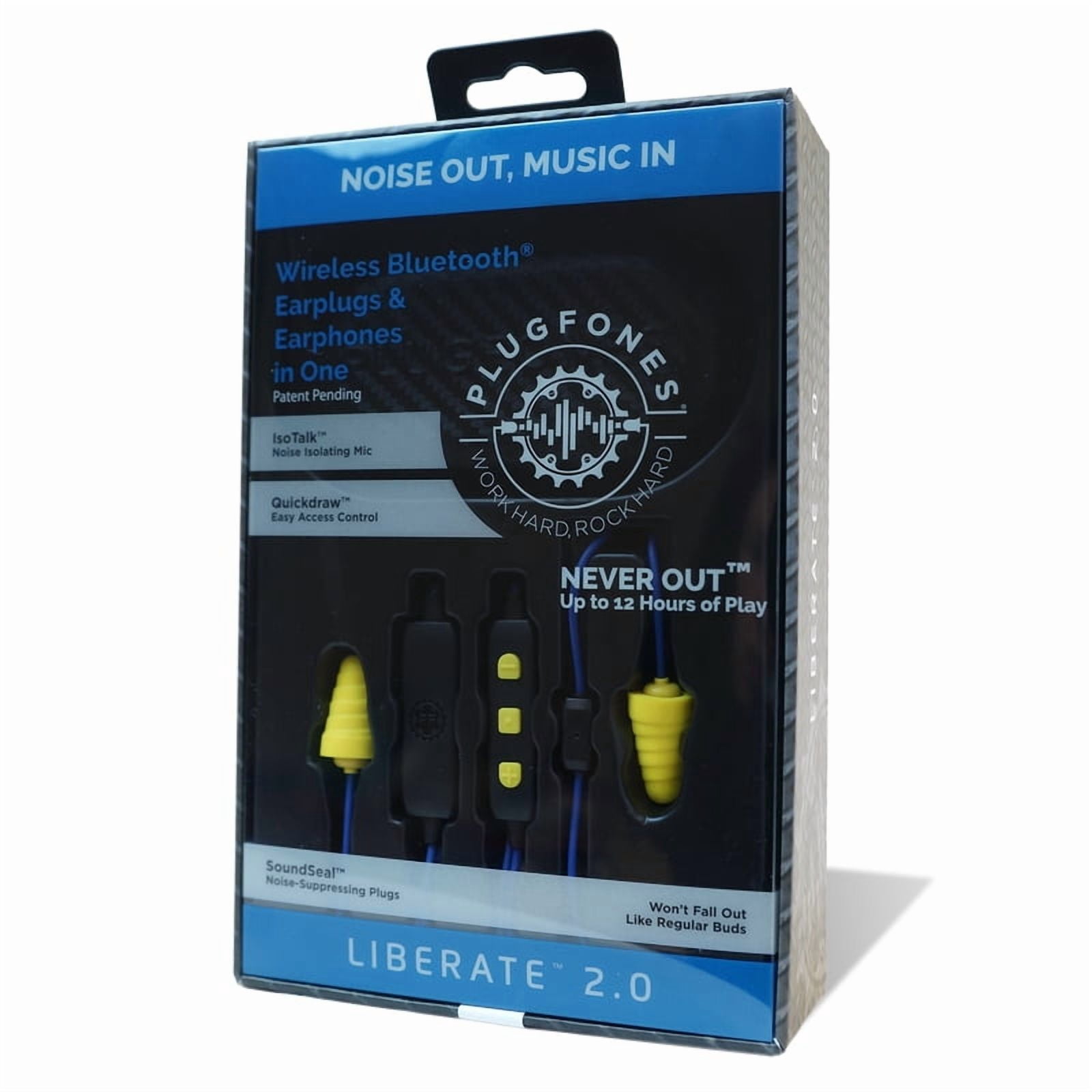 Plugfones Liberate 2.0 Wireless Bluetooth In-Ear Earplug Earbuds- Noise Reduction Headphones with Noise Isolating Mic and Controls (Blue & Yellow)