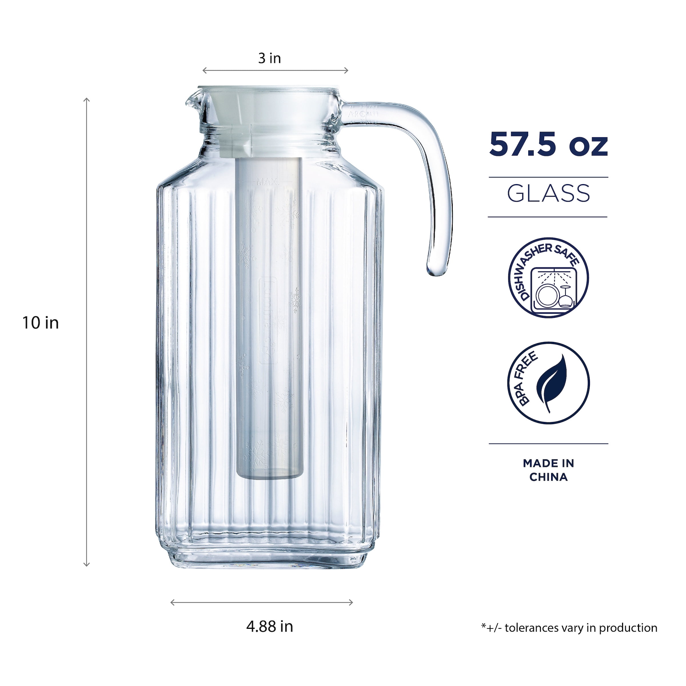 Luminarc 57.5 oz. Clear Quadro Pitcher with White Lid & Infuser Tube
