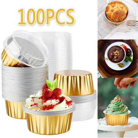 

Dessert Cups with Lids 100Pcs Golden Aluminum Foil Baking Cups Holders Cupcake Bake Utility Ramekin Clear Pudding Cups