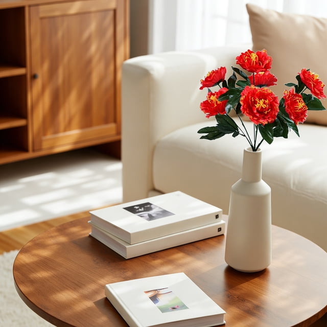 Peonía artificial con purpurina | Arreglo floral de plástico de 7 cabezas para decoración del hogar | 50 cm de alto | Rosa, rojo, amarillo, naranja, morado y blanco