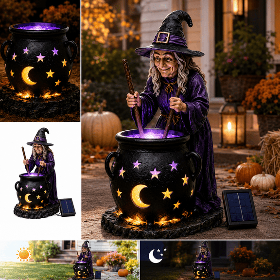 Solar Witch & Glowing Cauldron Halloween Garden Light, Solar Powered Witch Statue with Purple Orange LED Glow, Outdoor Halloween Decorations for Porch Patio Yard Lawn