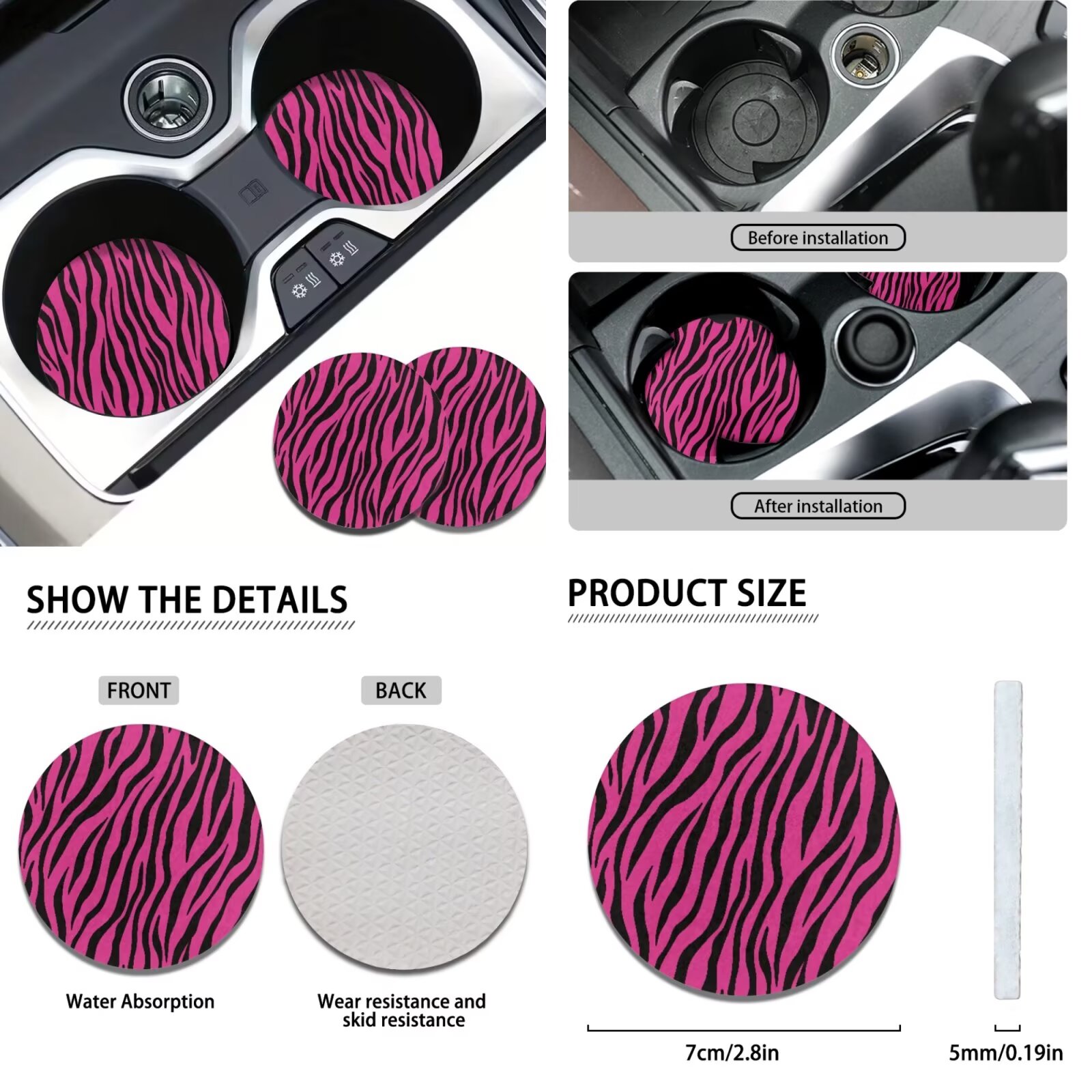 Garronmavis Pink Zebra Stripe Car Seat Cover Full Set of 11pcs with Headrest Protector Lanyards Key Chain Cup Pad Gear Shift Knob and Handbrake Sleeve Automotive Seat Cover Accessories