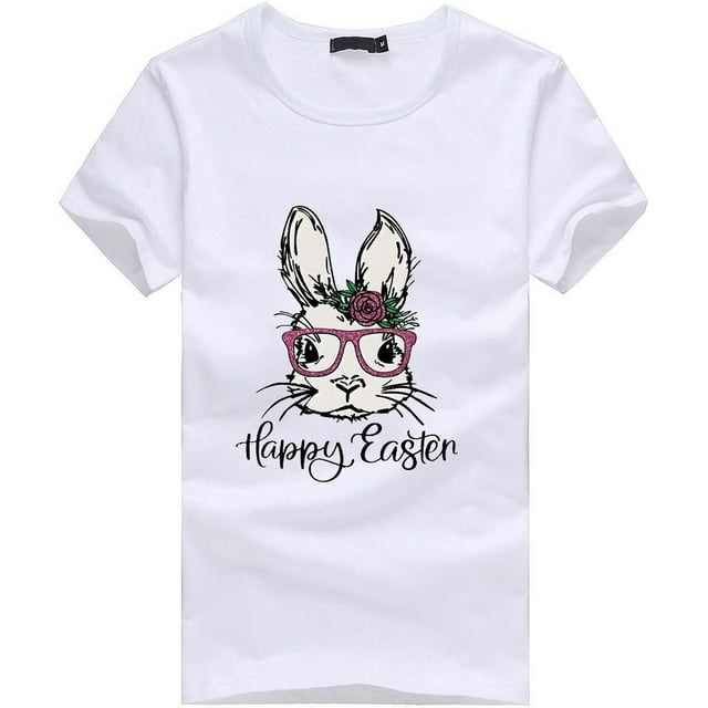 EQWLJWE Chemises de Pâques pour Femmes, Été Mignon Imprimé Lettre Hauts Blouse Décontractée Manches Courtes Col Rond T-Shirts Graphiques Lapin Liquidation