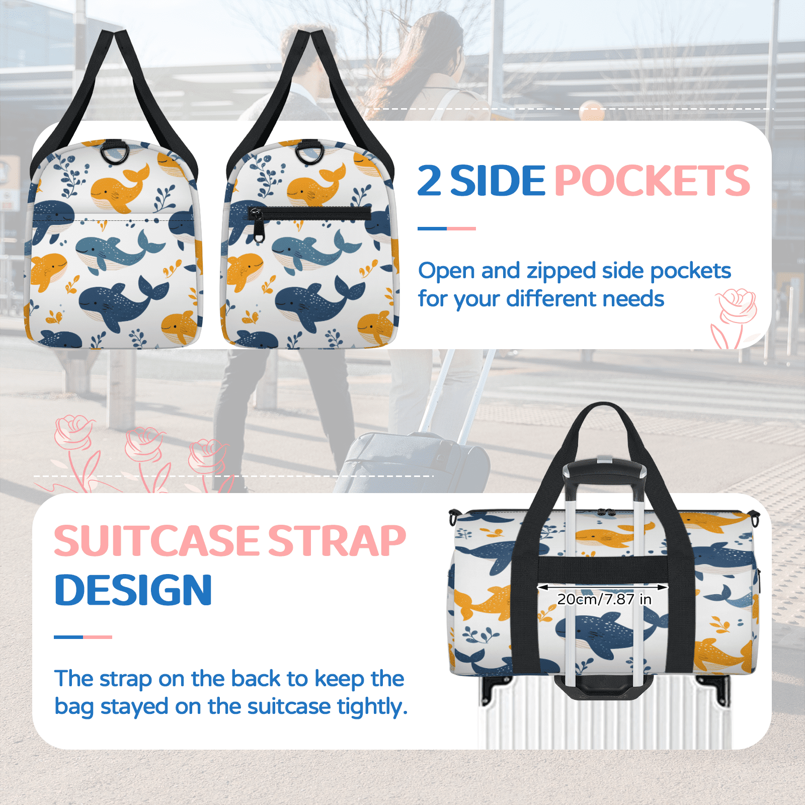 Herdesigns Cute Whale Gym Bag for Women, Duffle Bag for Travel Sport, Funny Ocean Lightweight Waterproof Carry on Weekender Dance Yoga Workout Bags