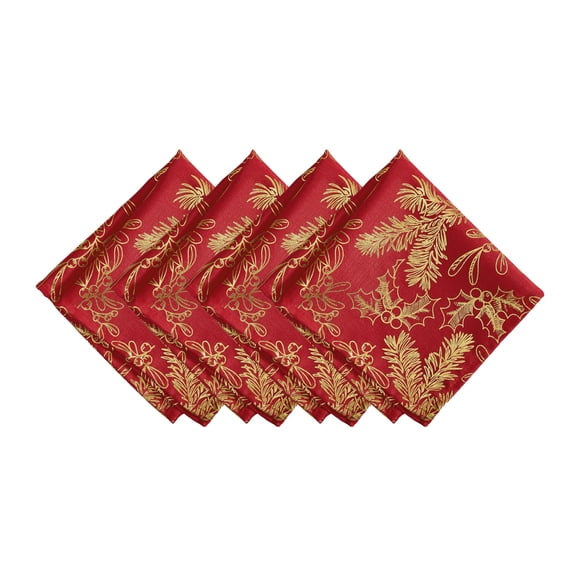 Elrene Home Fashions Foil Woodland Holiday Fabric Napkins, Set of 4, Red, 17" x 17"