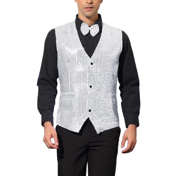 CHALECO SIN MANGAS DE LENTEJUELAS PARA HOMBRE INSPIRE CHIC CON CORBATA DE MOÑO S PLATA