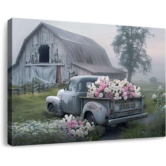 Rustic Farmhouse Barn Canvas Wall Art Framed Misty Countryside Field Landscape Painting Rusty Old Truck Loaded With Flowers Picture Prints for Bedroom Living Room Office Decor 16x12in