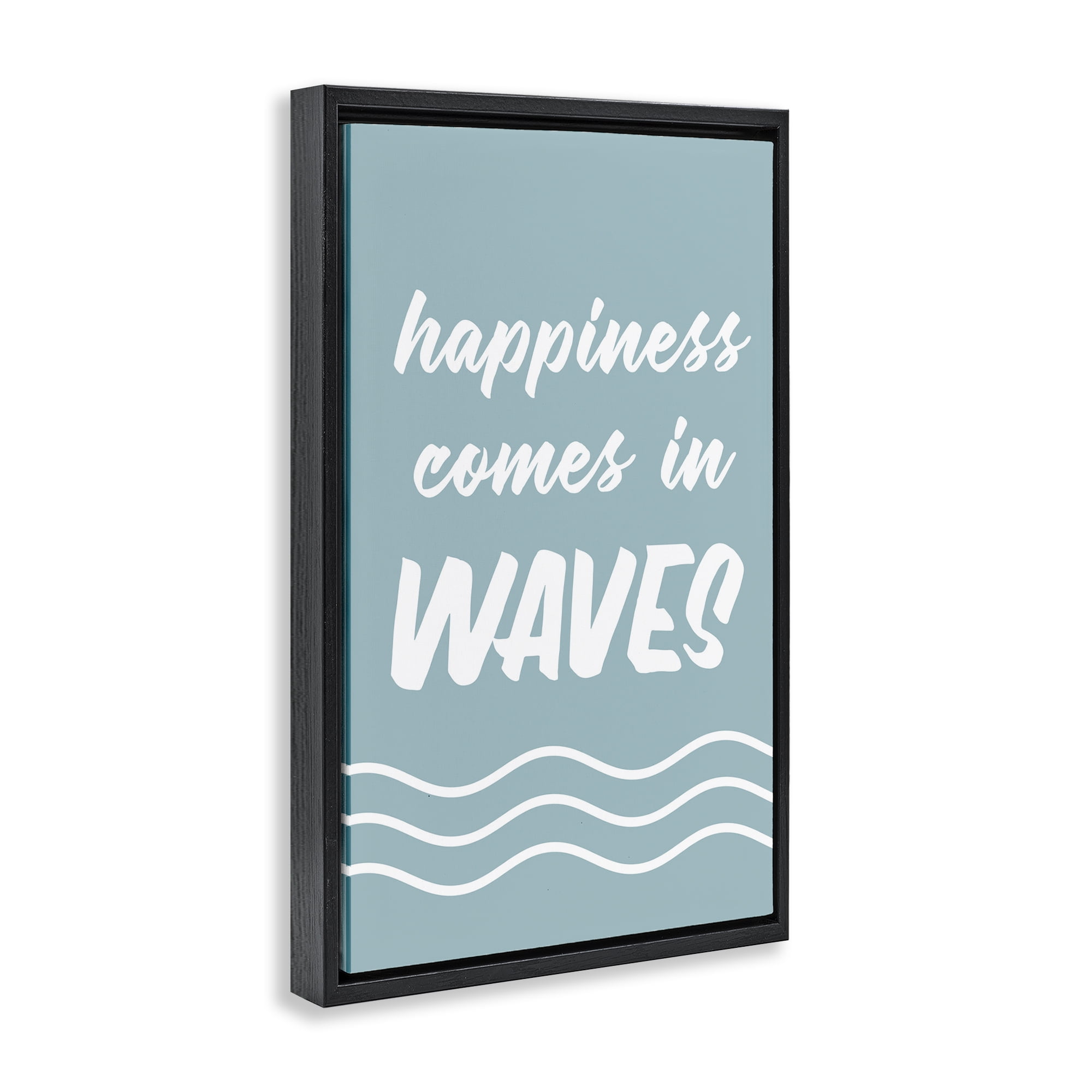 Stupell Industries Happiness In Waves Typography Painting Black Floater Framed Canvas Art Print Wall Art, 17 x 25