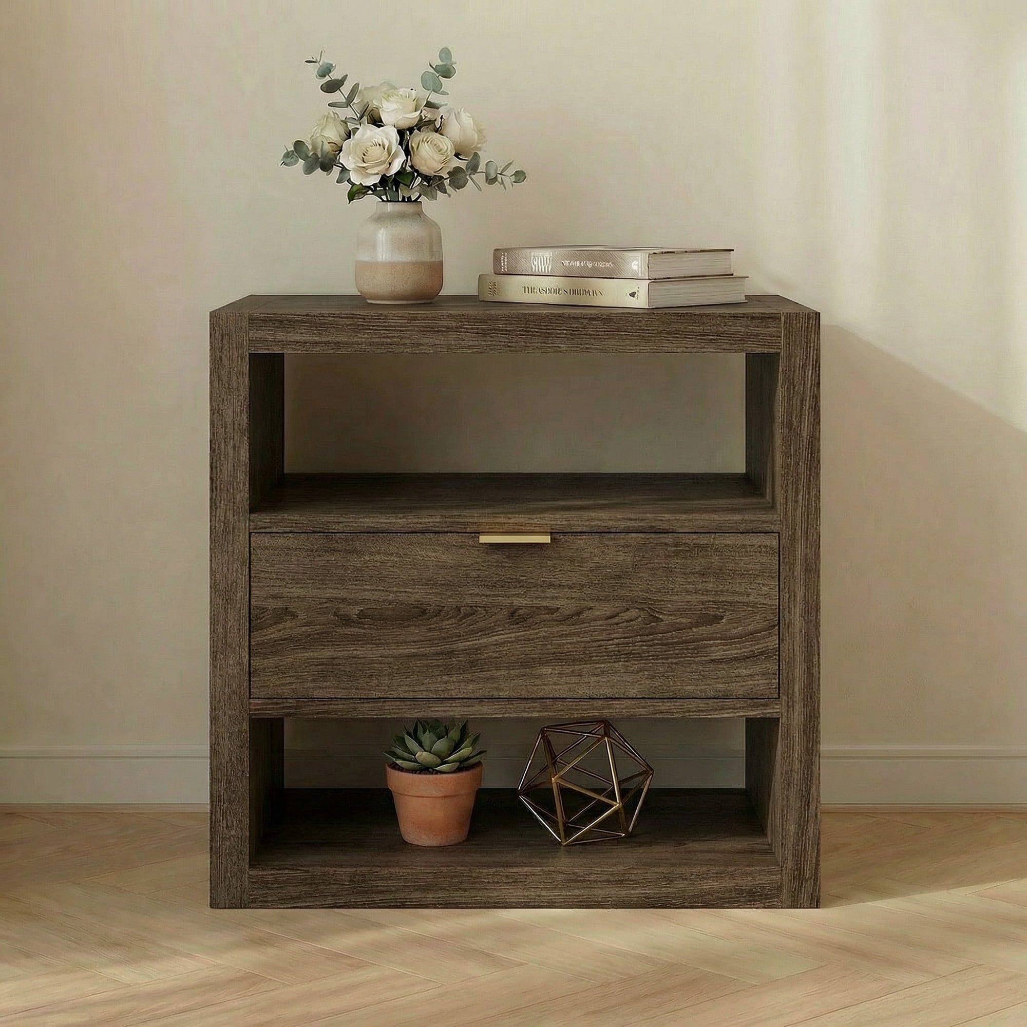 Spruce & Spring Modern Nightstand End Table with Storage Drawer, Farmhouse Style Bedside Table, Easy Assembly, Walnut