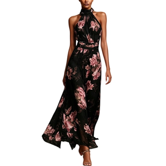 BODOAO Maxi Dresses for Women Floral Halter Neck Sleeveless Chiffon Pleated Long Dress, Flowy Summer Wedding Guest Outfit for Beach Vacation and Special Events Black L