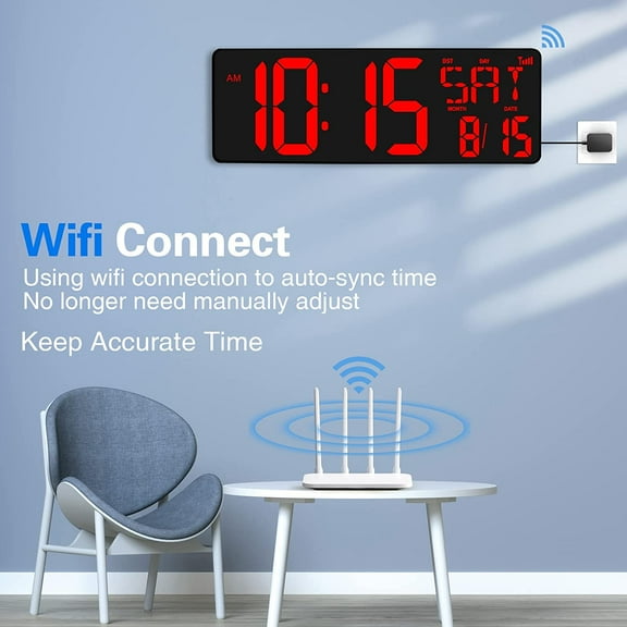Large Digital Wall Clock WiFi Sync, 16.5in LED Display with Temperature/Date/Week, Remote Control, Auto-Dimming
