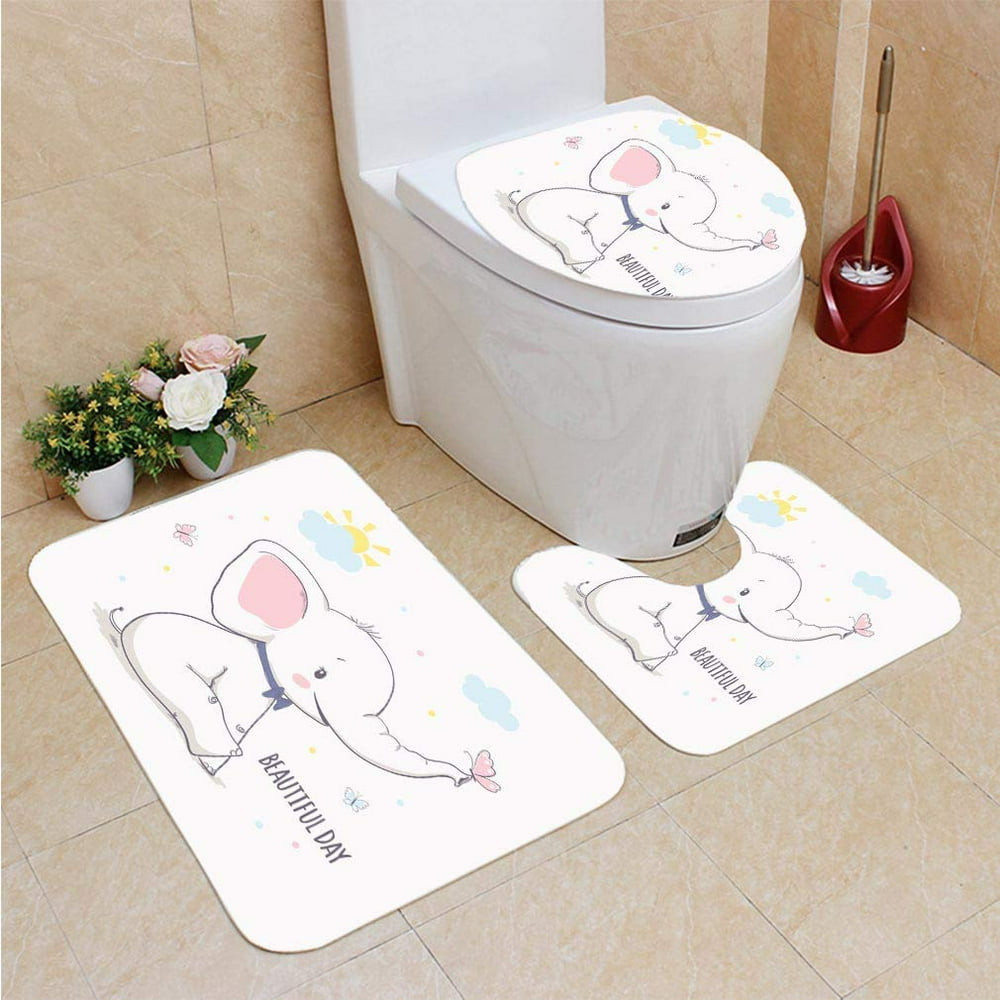 GOHAO Little Elephant Butterfly Kids 3 Piece Bathroom Rugs Set Bath Rug