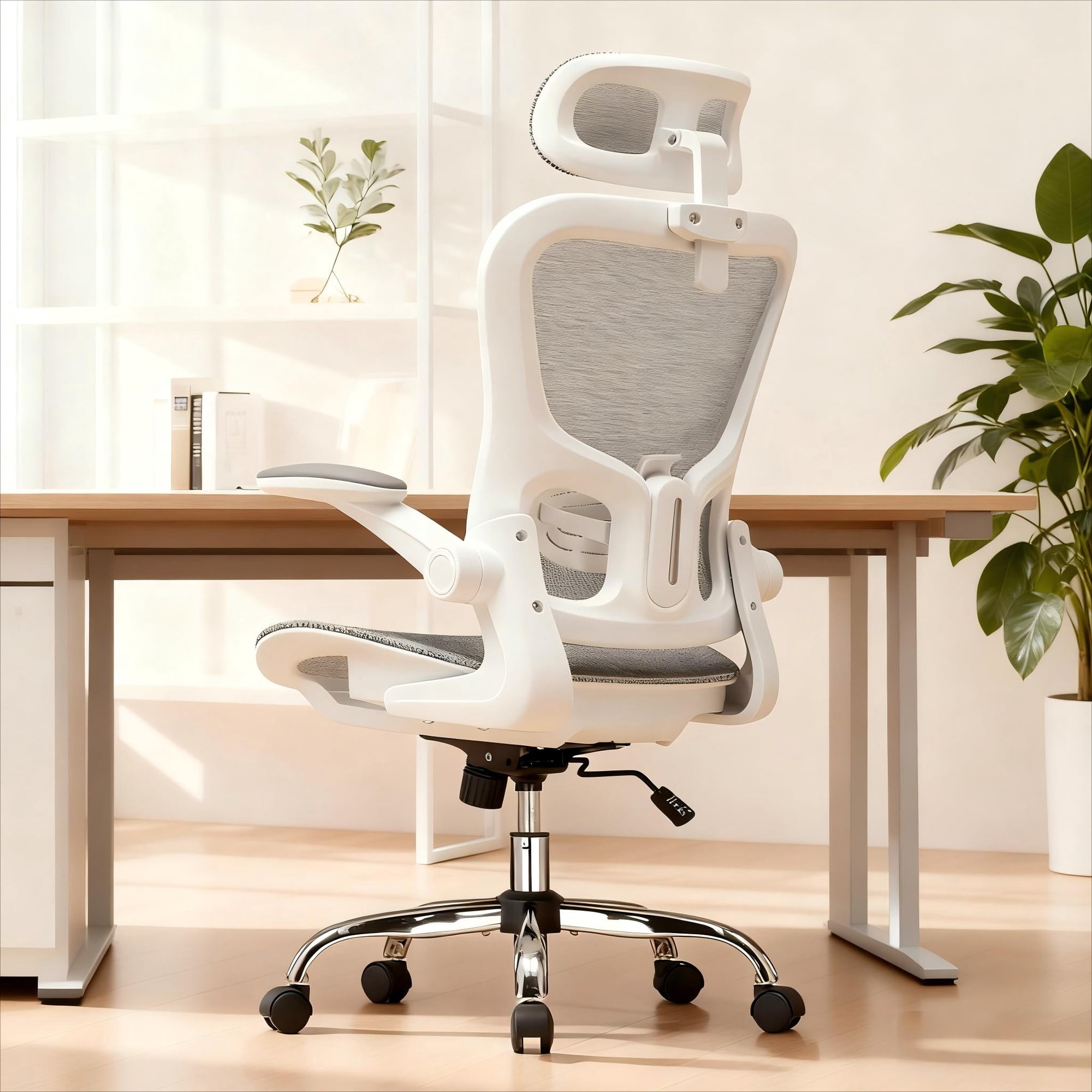 Cloudrest Pro Ergonomic Mesh Office Chair, High Back Task Chair with Flip-up Arms, Adjustable Headrest & Lumbar Support for Home Office, White