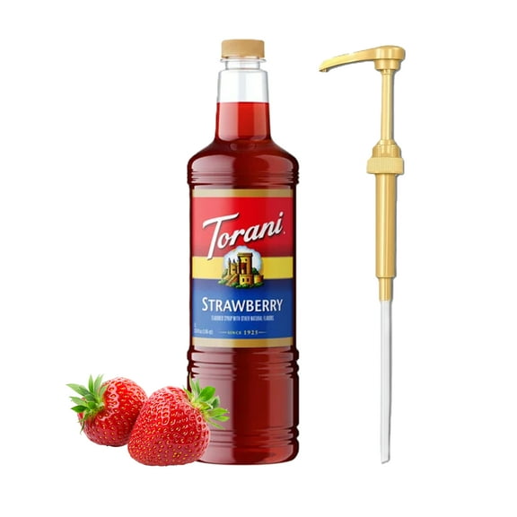 Torani Strawberry Flavored Syrup, 1 Liter Plastic Bottle Gold Syrup Pump
