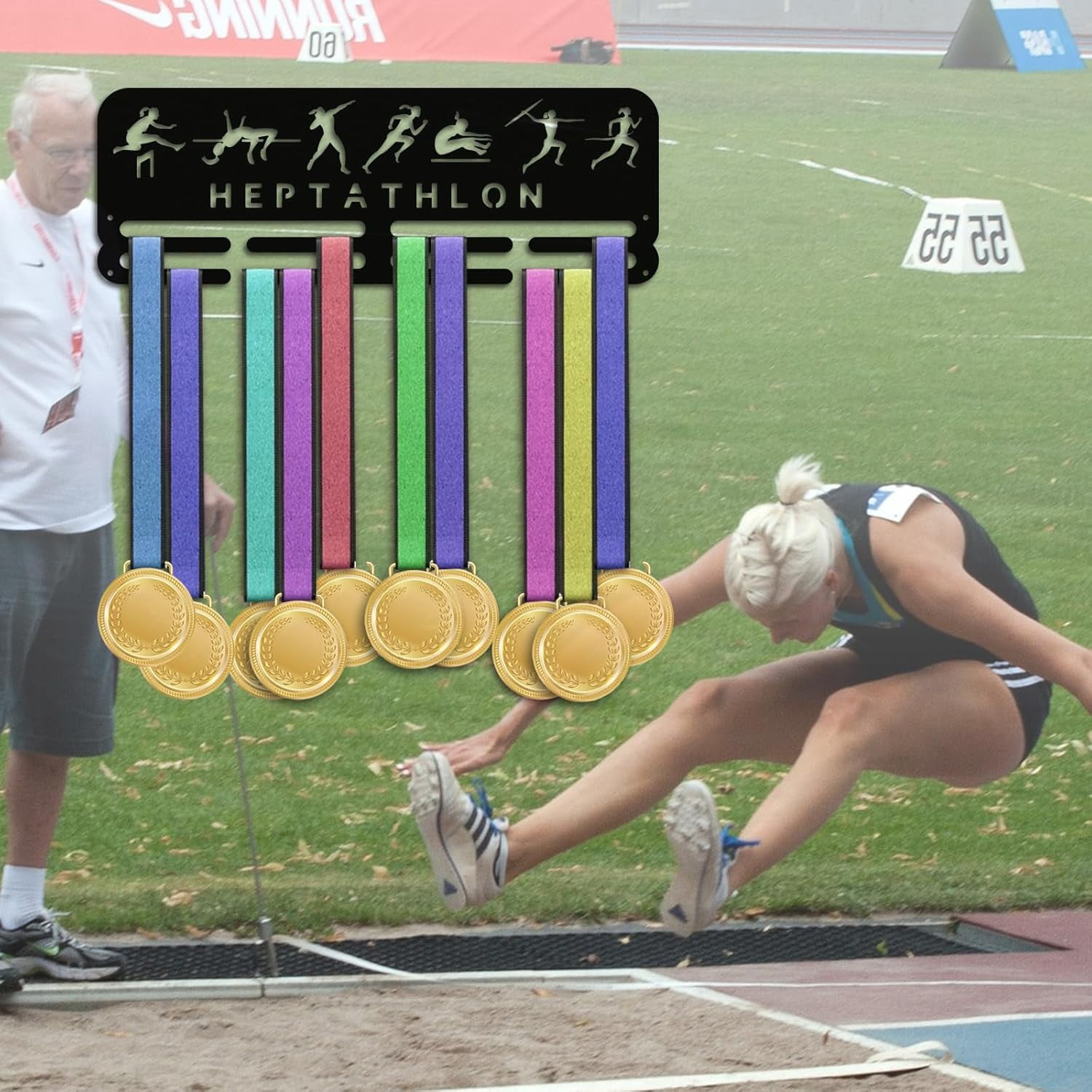 Medal Display Hanger Holder Heptathlon Pattern Medal Holder 15.7" Awards Ribbon Hanger Medal Display Wall Rack Sports Medal Hanger Display for Sports Athletes Awards Ribbons Cheer Making DIY