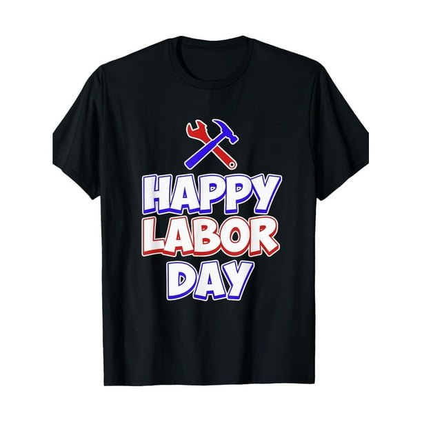 Men's Labor Graphic T-Shirt - Retro Wrench & Hammer Design, Black with Blue & Red Print, Workwear, Machine Washable, Regular Fit for Casual & Running, Everyday Outfit