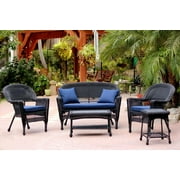 5-Piece Black Resin Wicker Patio Chair, Loveseat & Table Furniture Set Blue Cushions by CC Outdoor Living