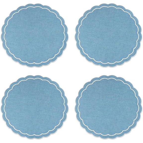 Fennco Styles Ocean Blue Round Placemats Set of 4 – 15" Scalloped Edge Woven Table Mats, Coastal Farmhouse Decorative Dining Placemats for Kitchen & Everyday Use