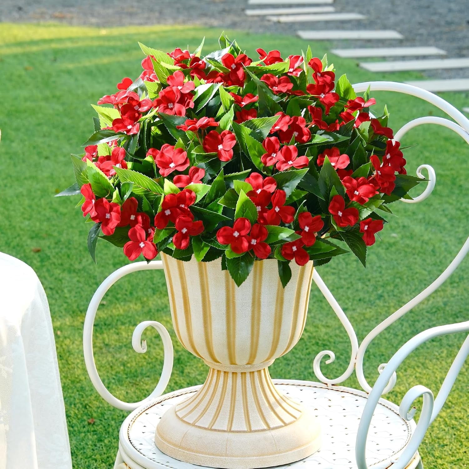 Yastouay 10 Pcs Artificial Flowers for Outdoors ,UV Resistant Faux Impatiens for Outdoor Planters,Red Silk Flowers for Front Door Porch Decorations
