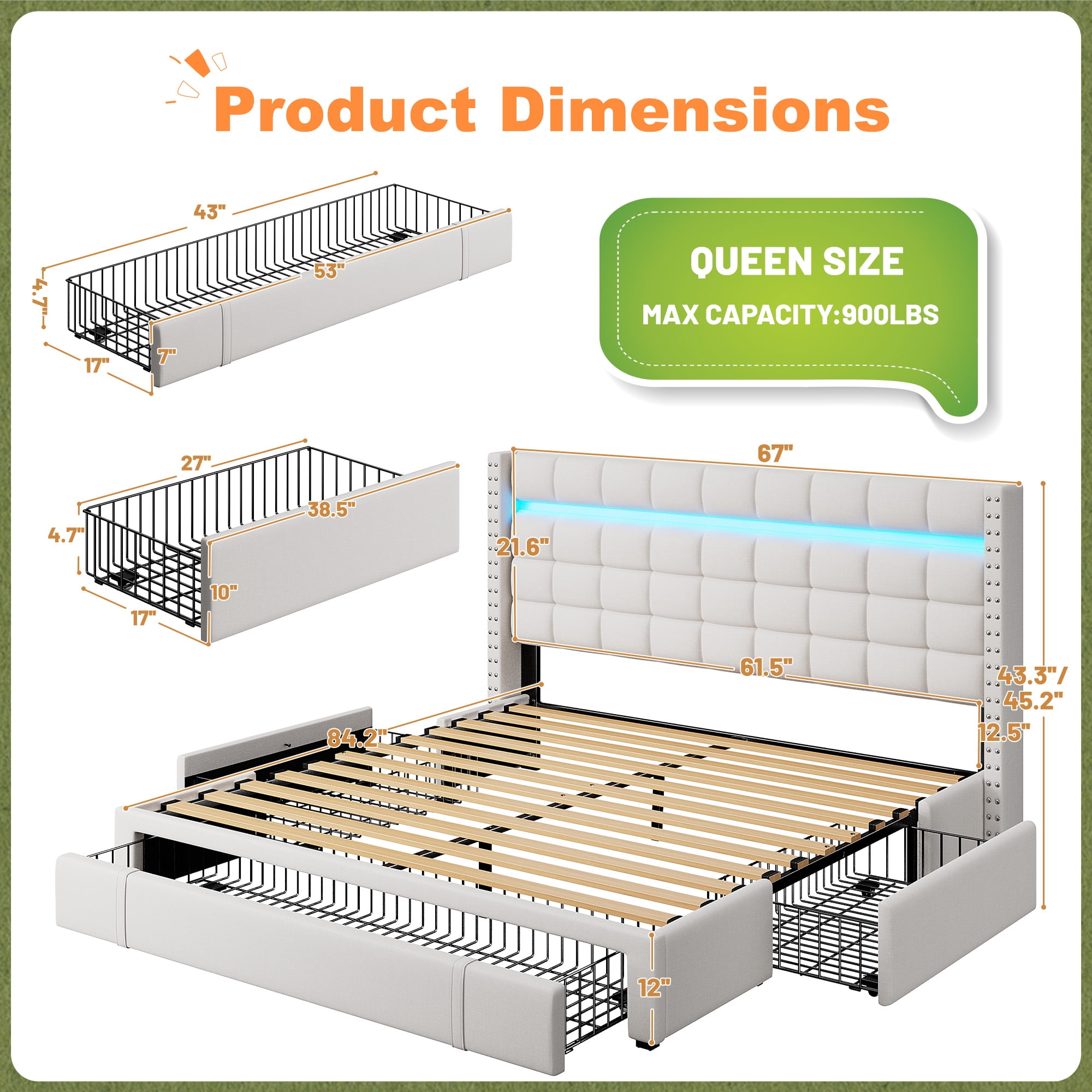 Queen Size Bed Frame with LED Light Upholstered Bed Frame with 3 Storage Drawers Bed Frame with Adjustable Headboard,Beige