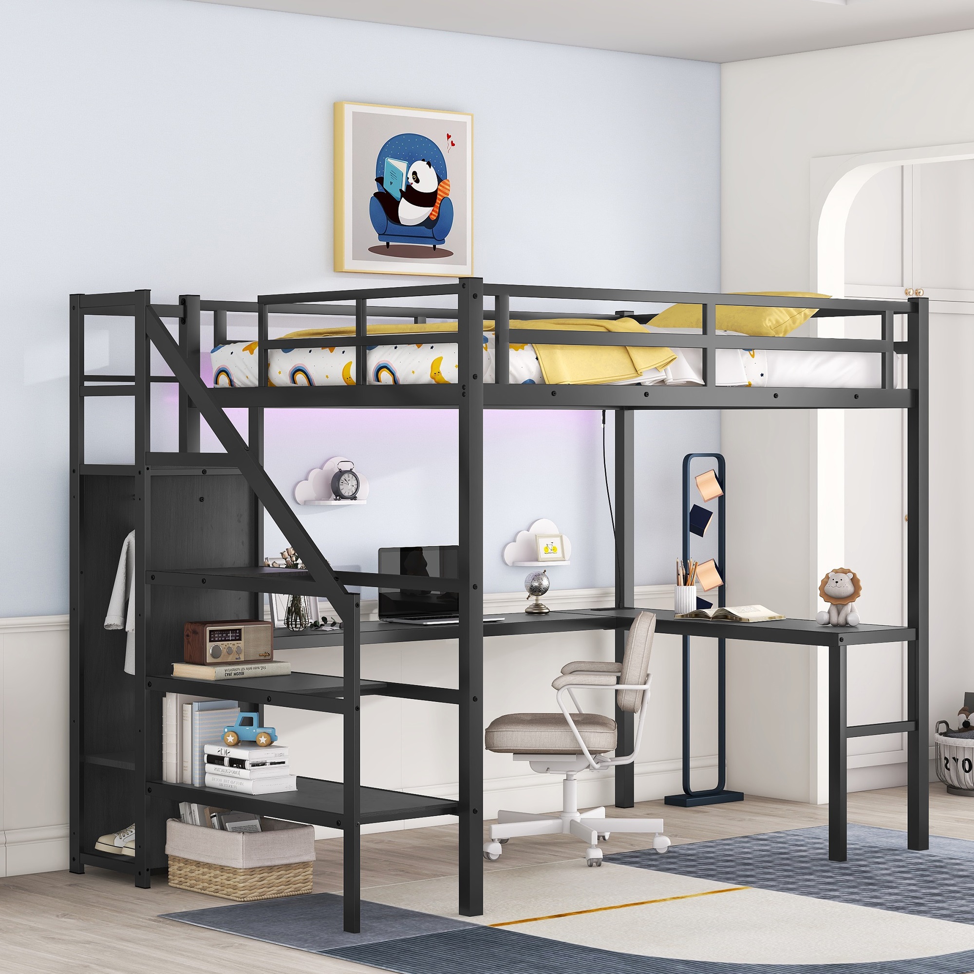 Aukfa Full Size Loft Bed with Desk and Wardrobe, Metal Loft Bed with USB Ports, LED Light and Staircase for Kids Teens - Black