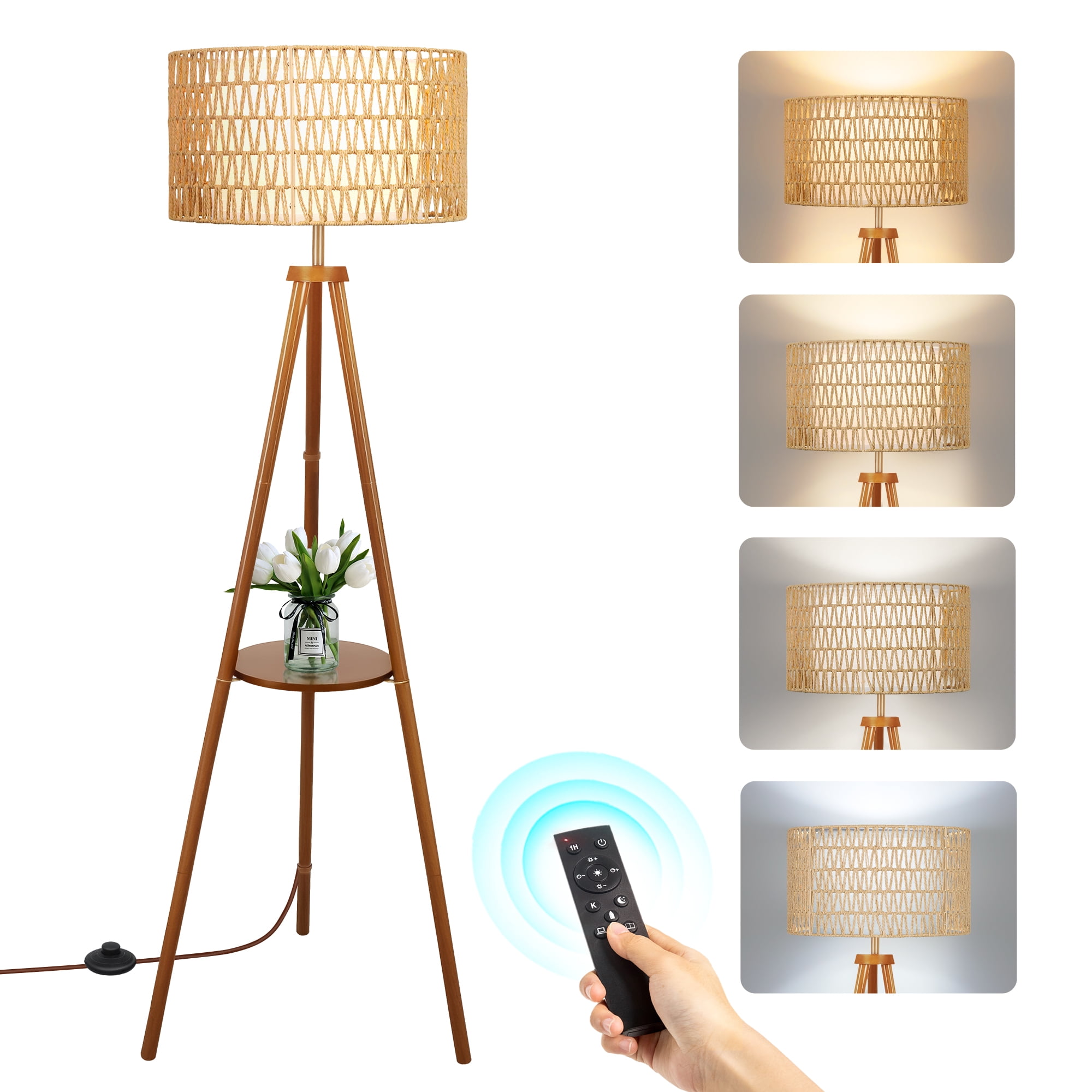 OUTON Boho Rattan Tripod Floor Lamp with Shelves, Dimmable Standing Lamp with Remote Control,Wood Tall Floor Lamps for Living Room Bedroom Office Farmhouse, Walnut