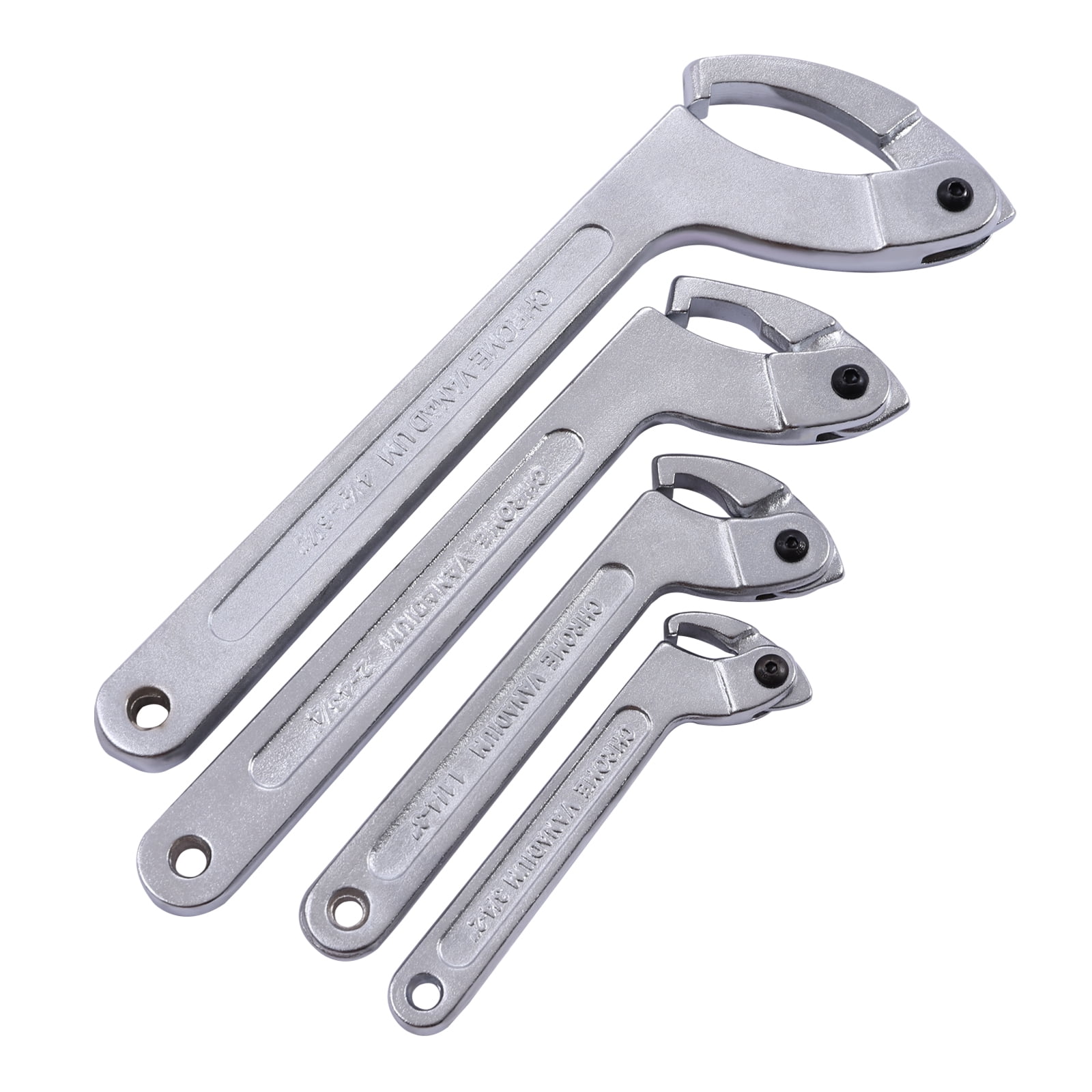 Adjustable C Pin Spanner Hook Wrench Set, 4-Piece, Chrome Vanadium Steel, Multiple Size Range for Nut or Bolt Turning