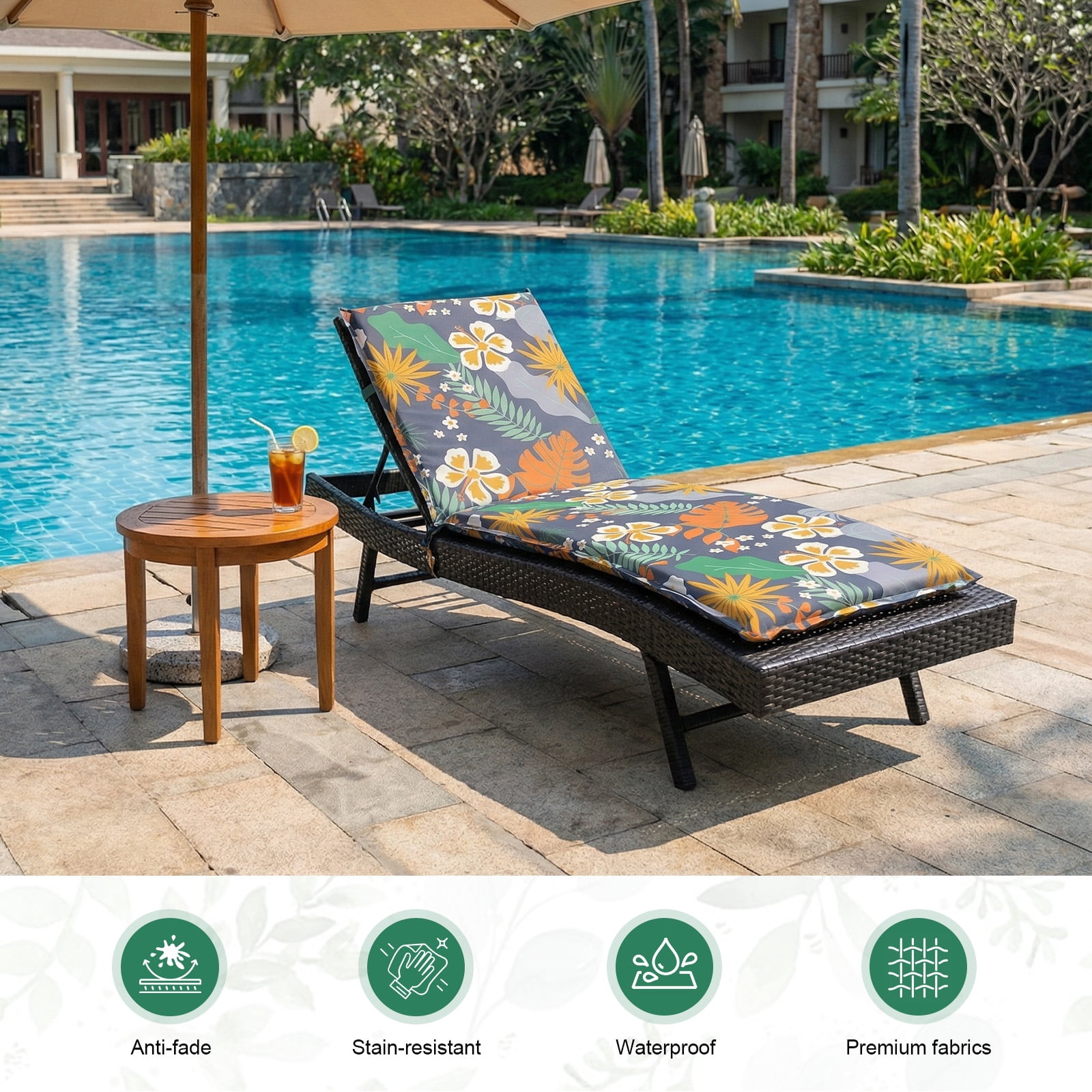 Eurhowing Outdoor Chaise Lounge Cushion 76"×23"×3", Waterproof Thick Patio Furniture Cushions with Straps, High-Density Foam Chair Pads for Poolside & Deck, 2 Pack, Floral