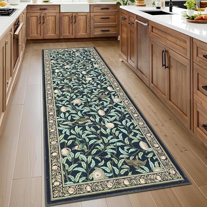 Washable Runner Rug 2x6 Non Slip Kitchen Hallway Runner Leaf Botanical Print Low Pile Throw Carpet Modern Home Decor Mat for Laundry Bathroom Indoor Use, Dark Blue