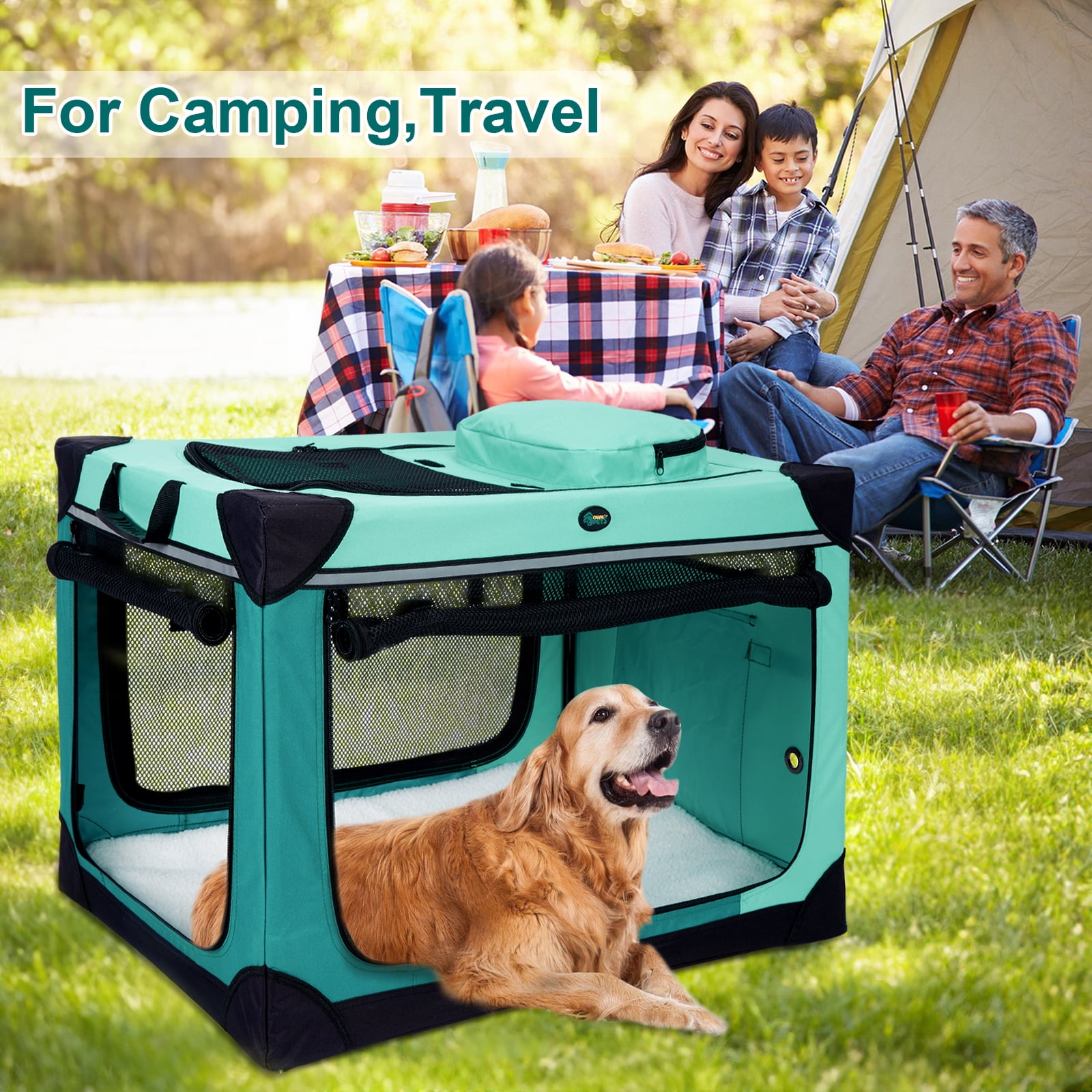 Ownpets Collapsible Dog Crate 42 inch Portable Travel Dog Crate for Large Dogs 4-Door Foldable Pet Kennel with Durable Mesh Windows & Soft Mat